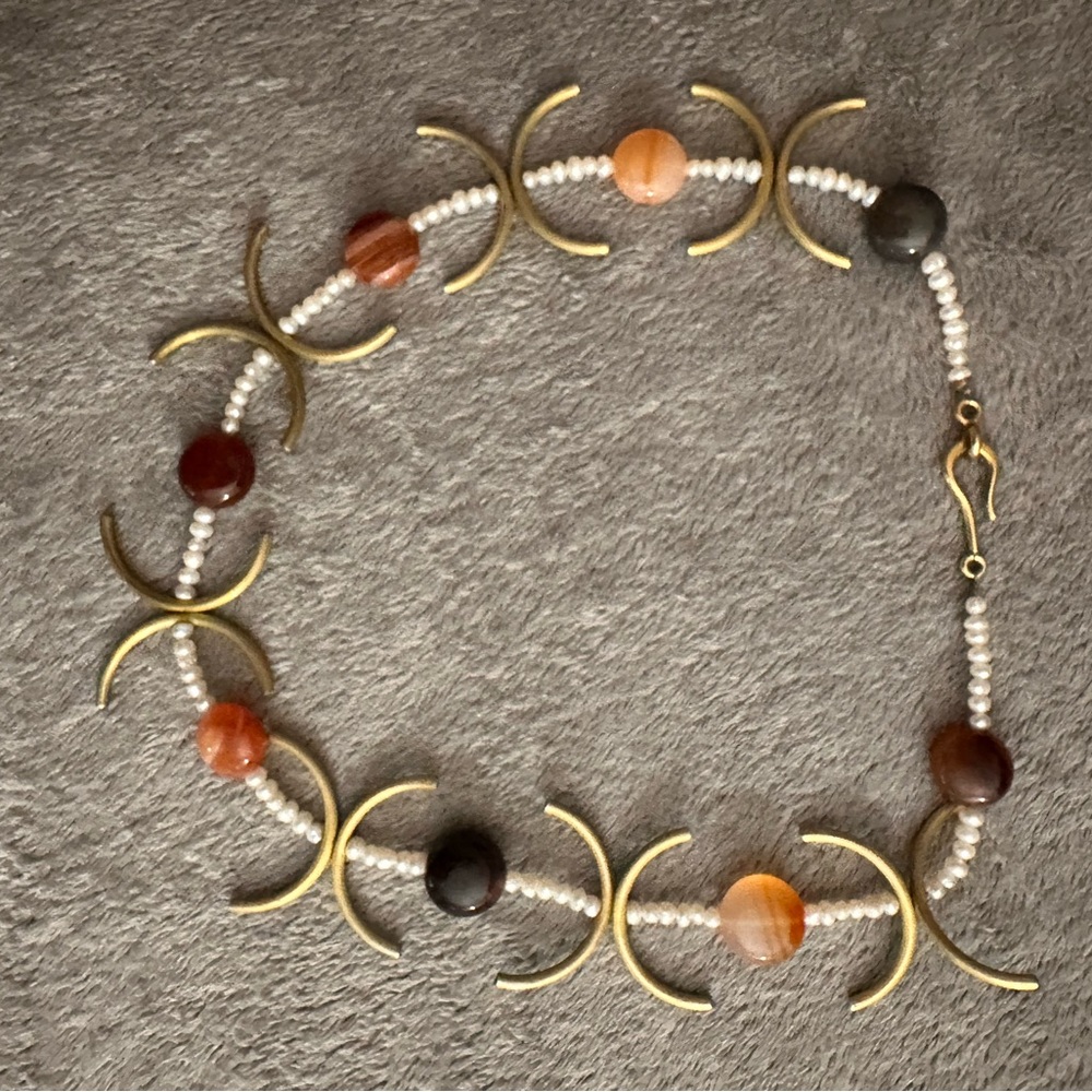 Gold and Brown Crescent Moon Beaded Necklace